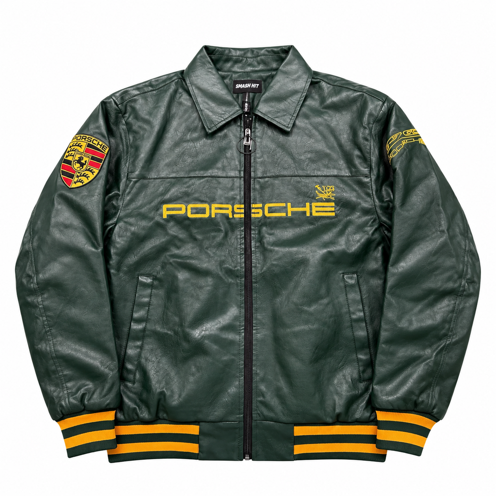Chaqueta racing cuero verde porsche.
