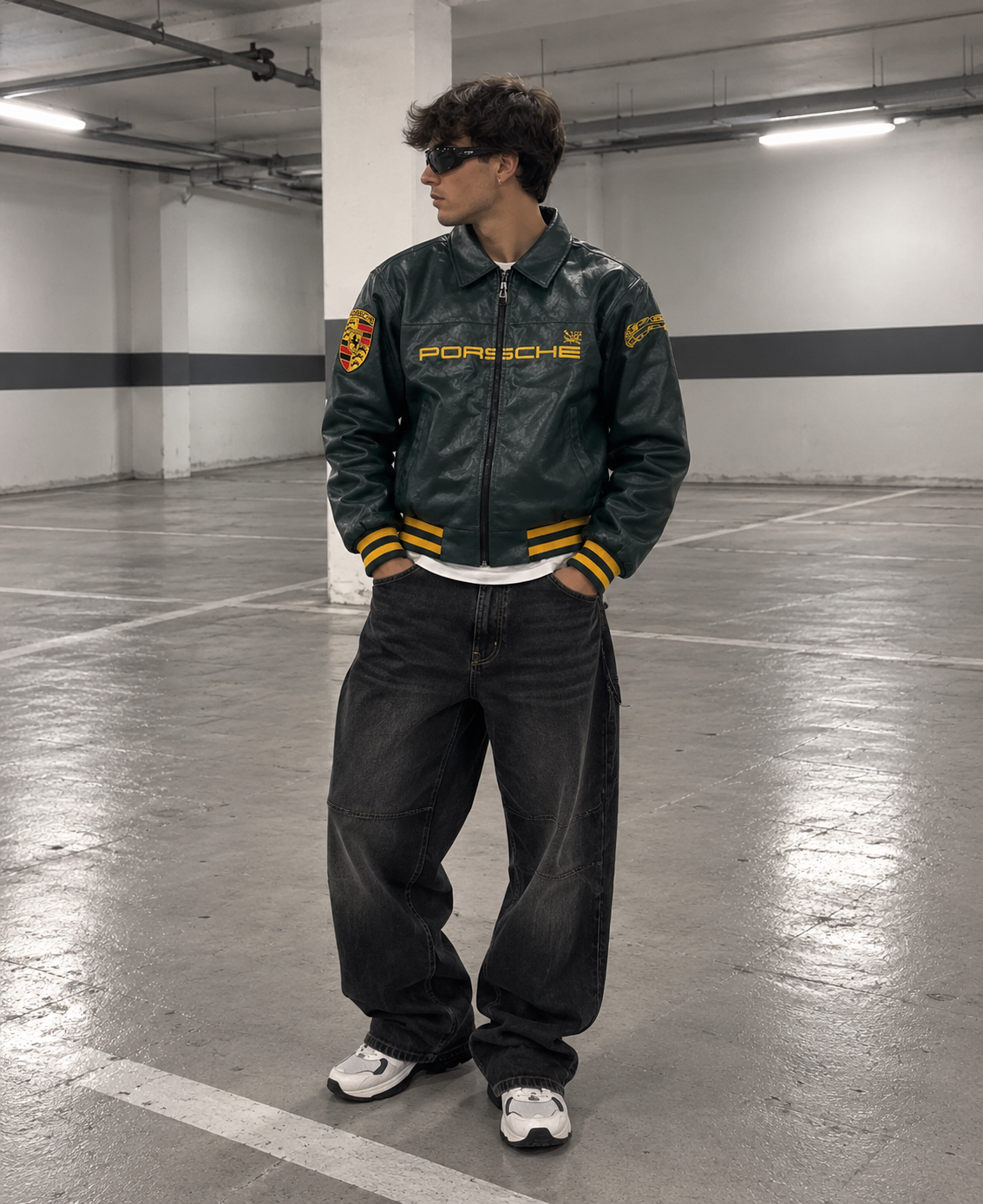 Chaqueta racing cuero verde porsche.