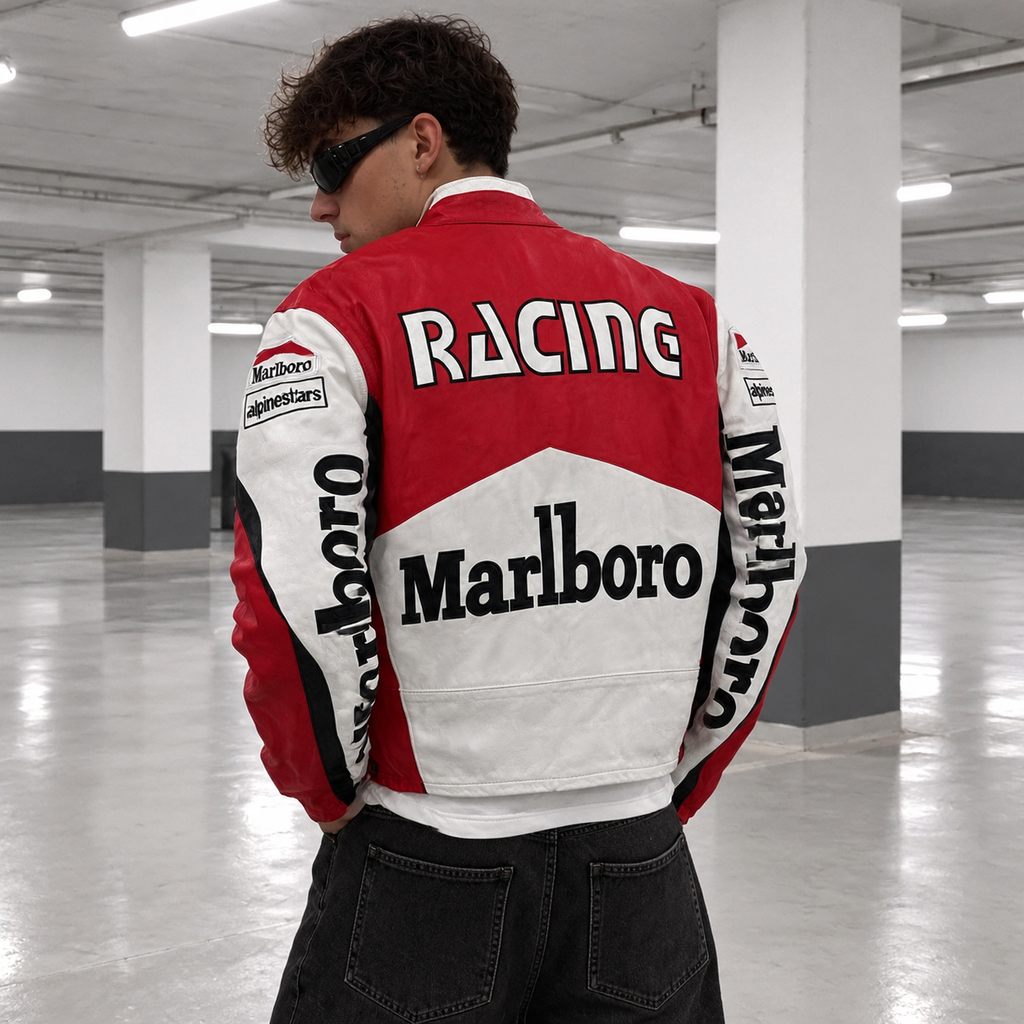 Chaqueta racing cuero marlboro blanca roja