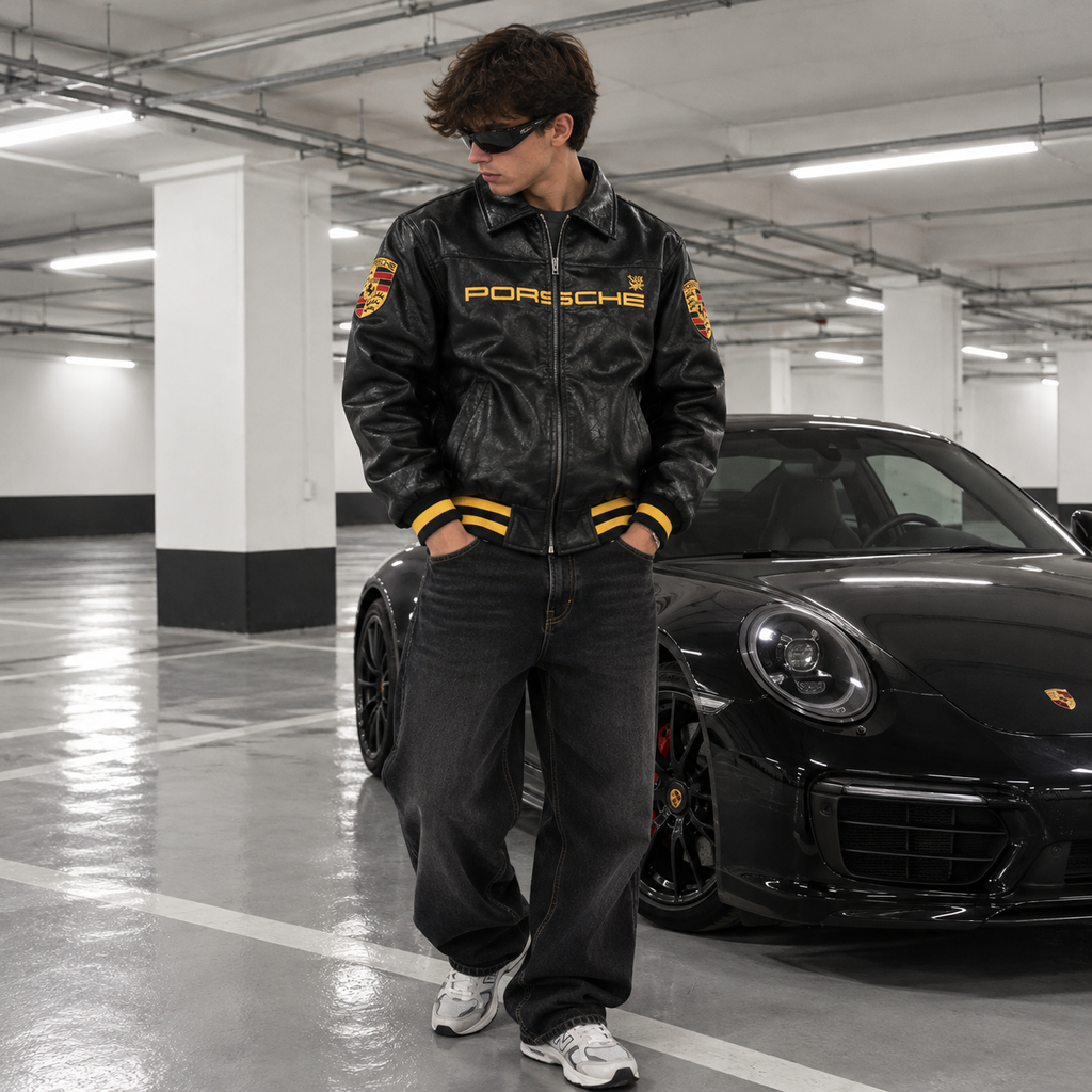 Chaqueta racing cuero negro porsche