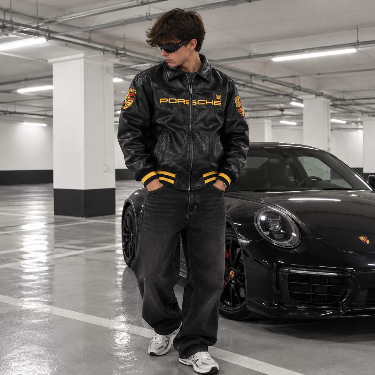 Chaqueta racing cuero negro porsche